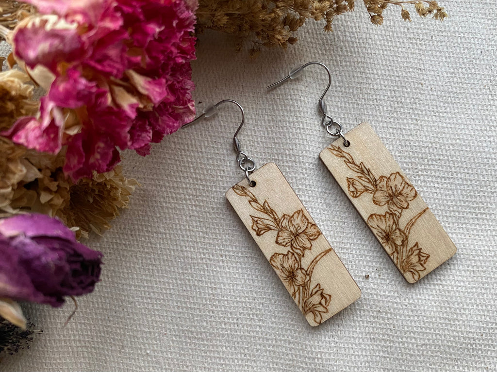 Handcrafted Woodburned Floral Bouquet Earrings – Rectangle Nature Design