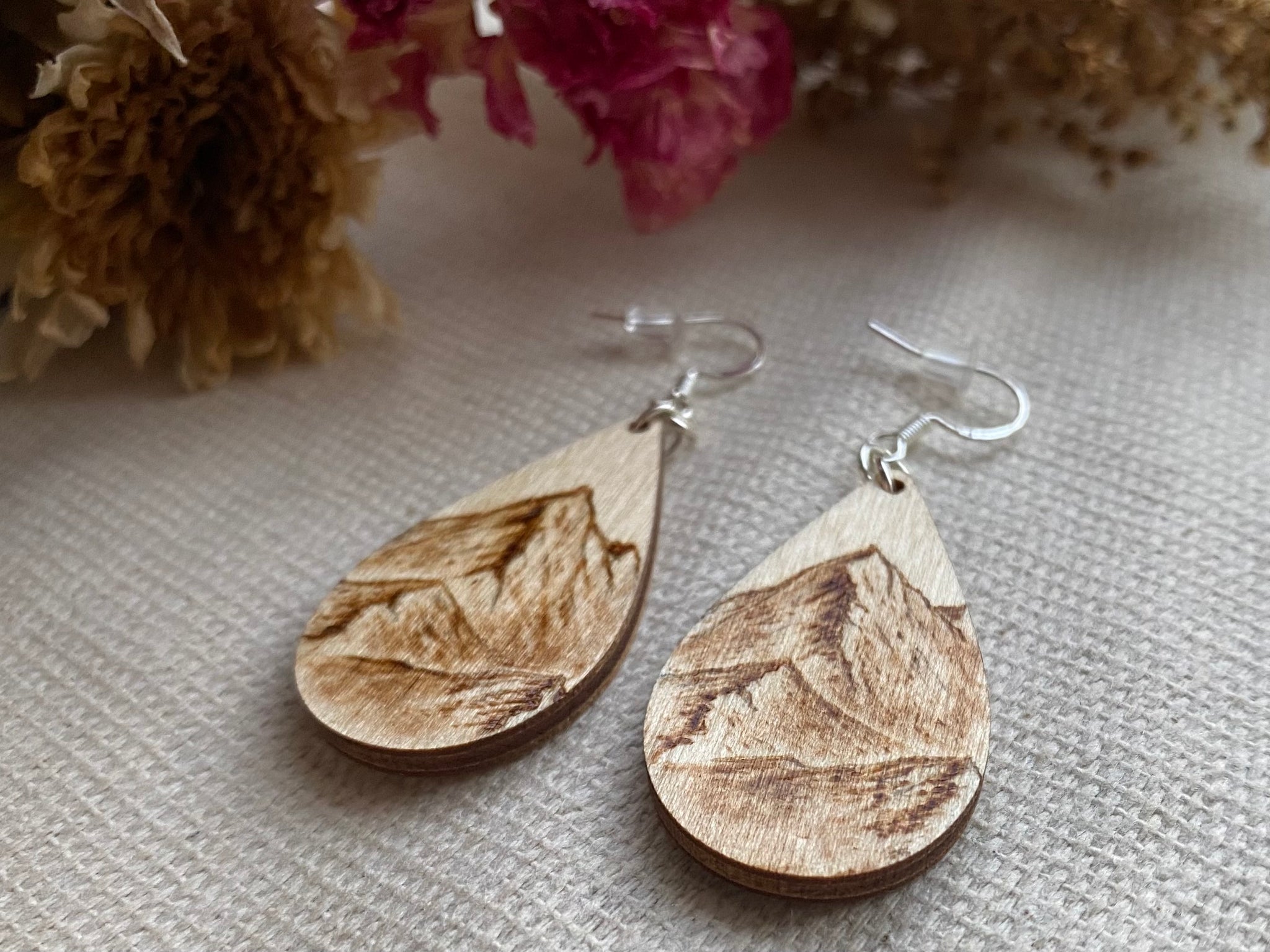 Handcrafted Woodburned Mountain Earrings – Small Teardrop Circle Design