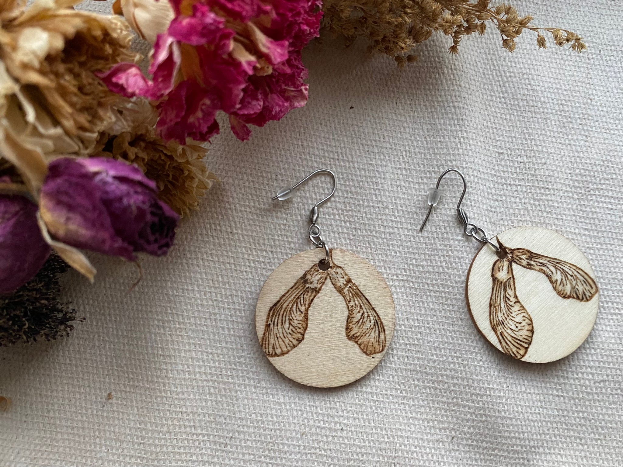 Handcrafted Woodburned Maple Seed Earrings – Large Circle Nature Design