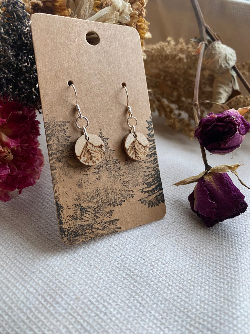 Handcrafted Woodburned Mountain Earrings – Small Circle Nature Design