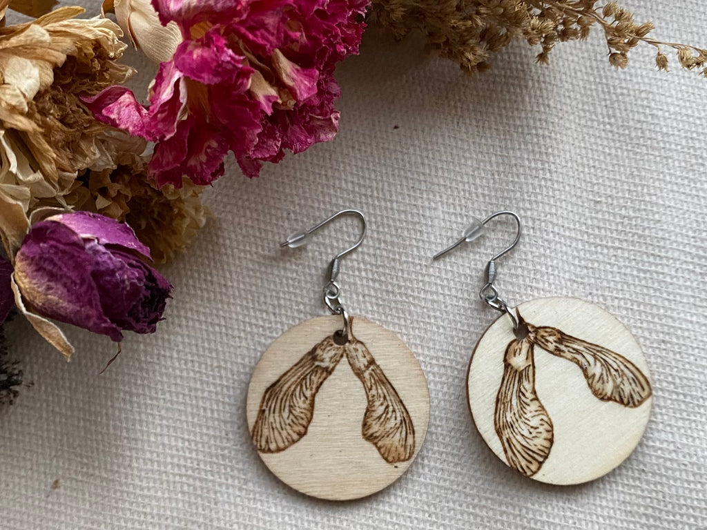 Handcrafted Woodburned Maple Seed Earrings – Large Circle Nature Design