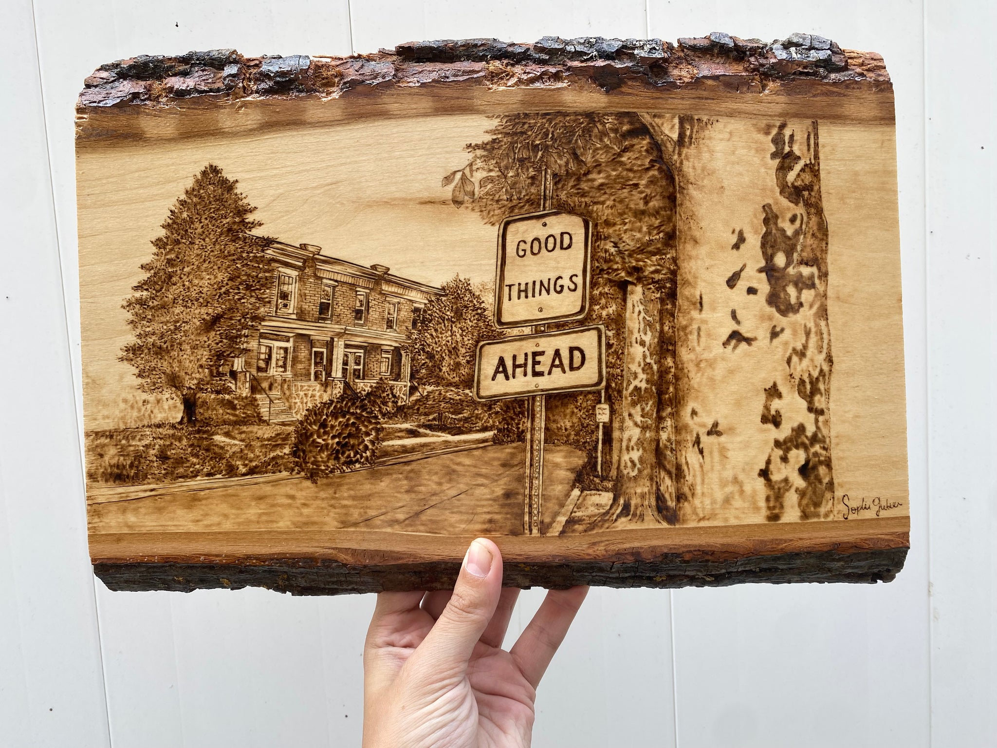 Good Things Ahead - Handmade Woodburned Wall Art - Rustic Live Edge Wood Slice with Baltimore Rowhome Scene