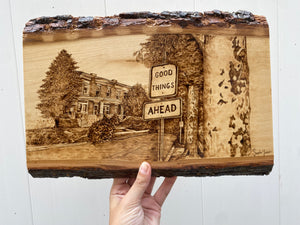 Good Things Ahead - Handmade Woodburned Wall Art - Rustic Live Edge Wood Slice with Baltimore Rowhome Scene