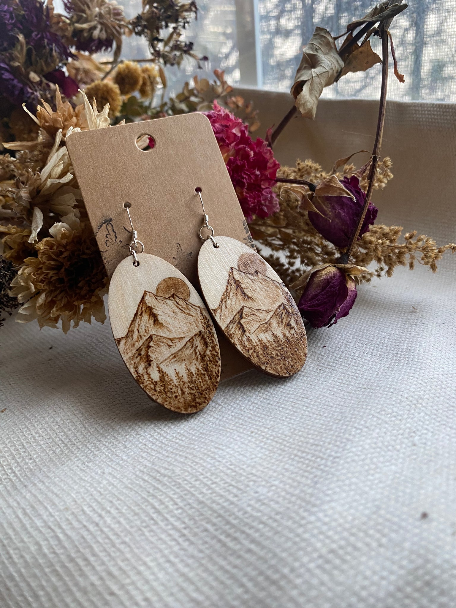 Handcrafted Woodburned Pine Tree Forrest Mountain Earrings – Oval Nature Design