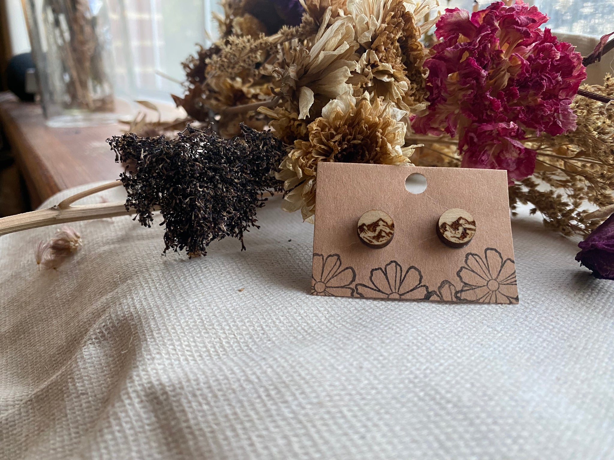 Handcrafted Woodburned Mountain Earrings – Stud Small Circle Nature Design