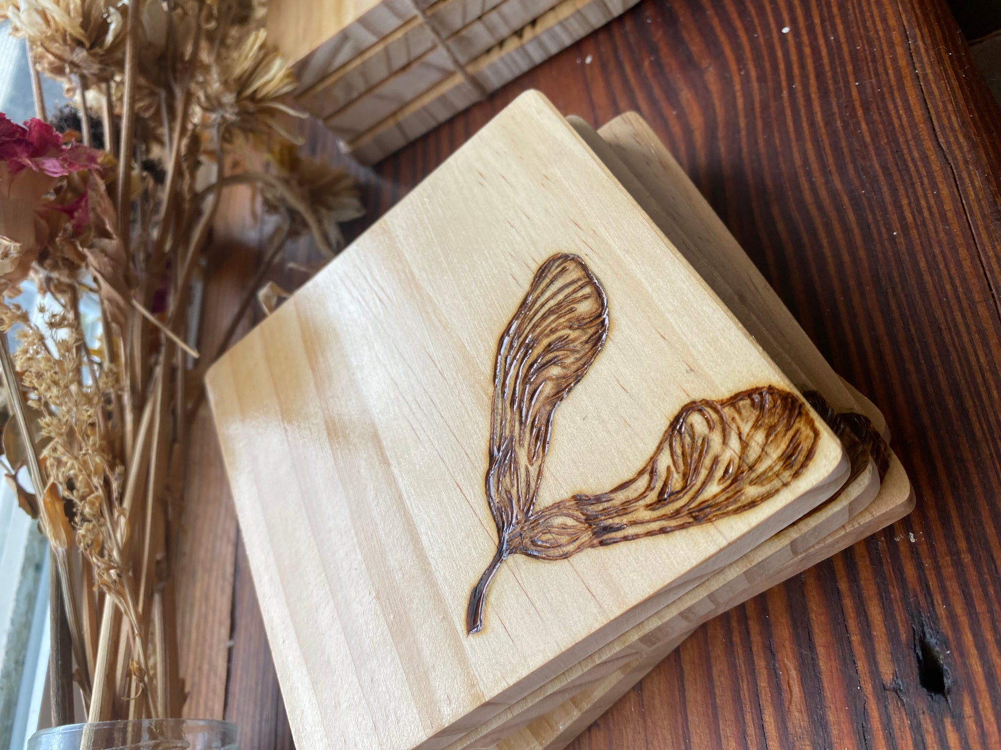 Handcrafted Woodburned Maple Seed Coasters – Nature Design