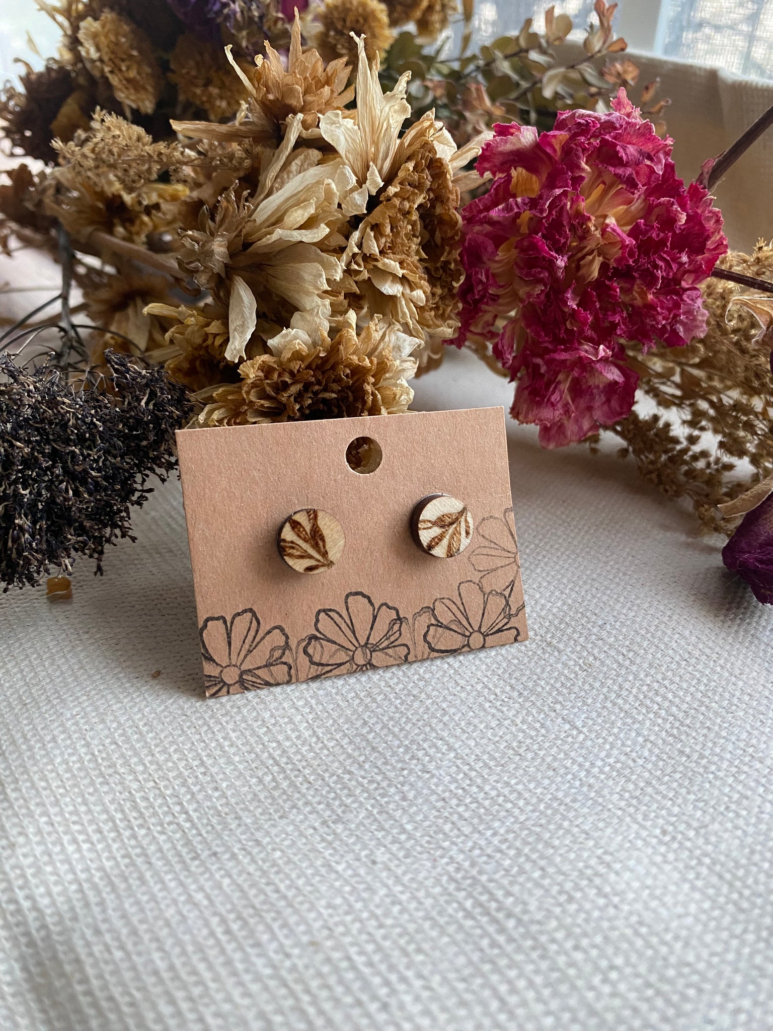Handcrafted Woodburned Leaf Vine Earrings – Stud Small Circle Nature Design