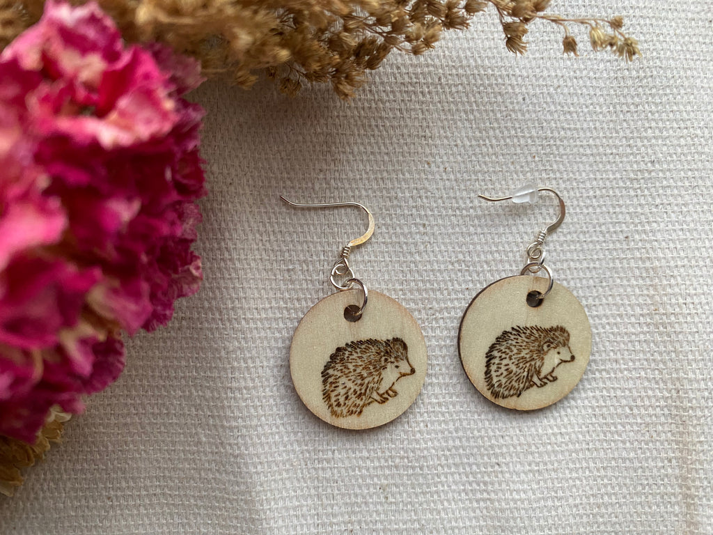 Handcrafted Woodburned Hedgehog Earrings – Small Circle Design