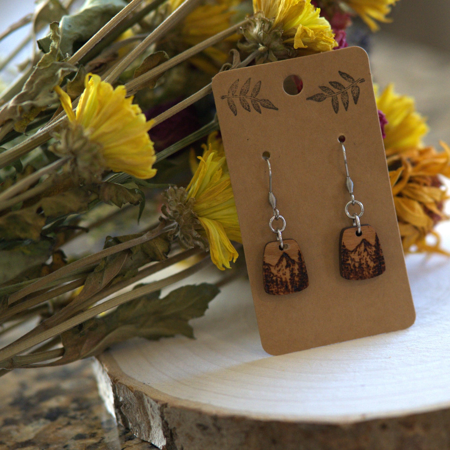 Mountain Scene Woodburned Dangle Earrings - Handmade Maple Wood