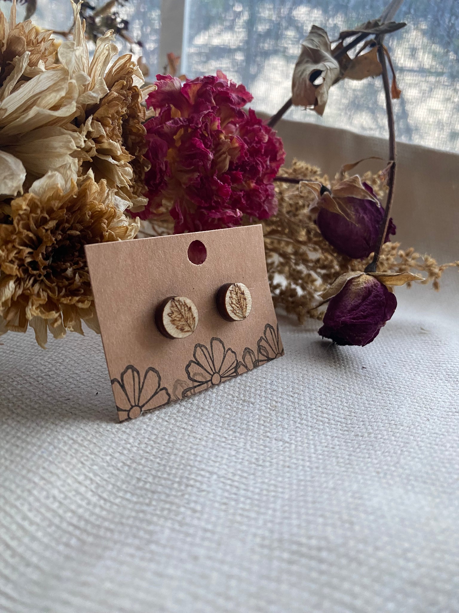 Handcrafted Woodburned Leaf Earrings – Stud Small Circle Nature Design
