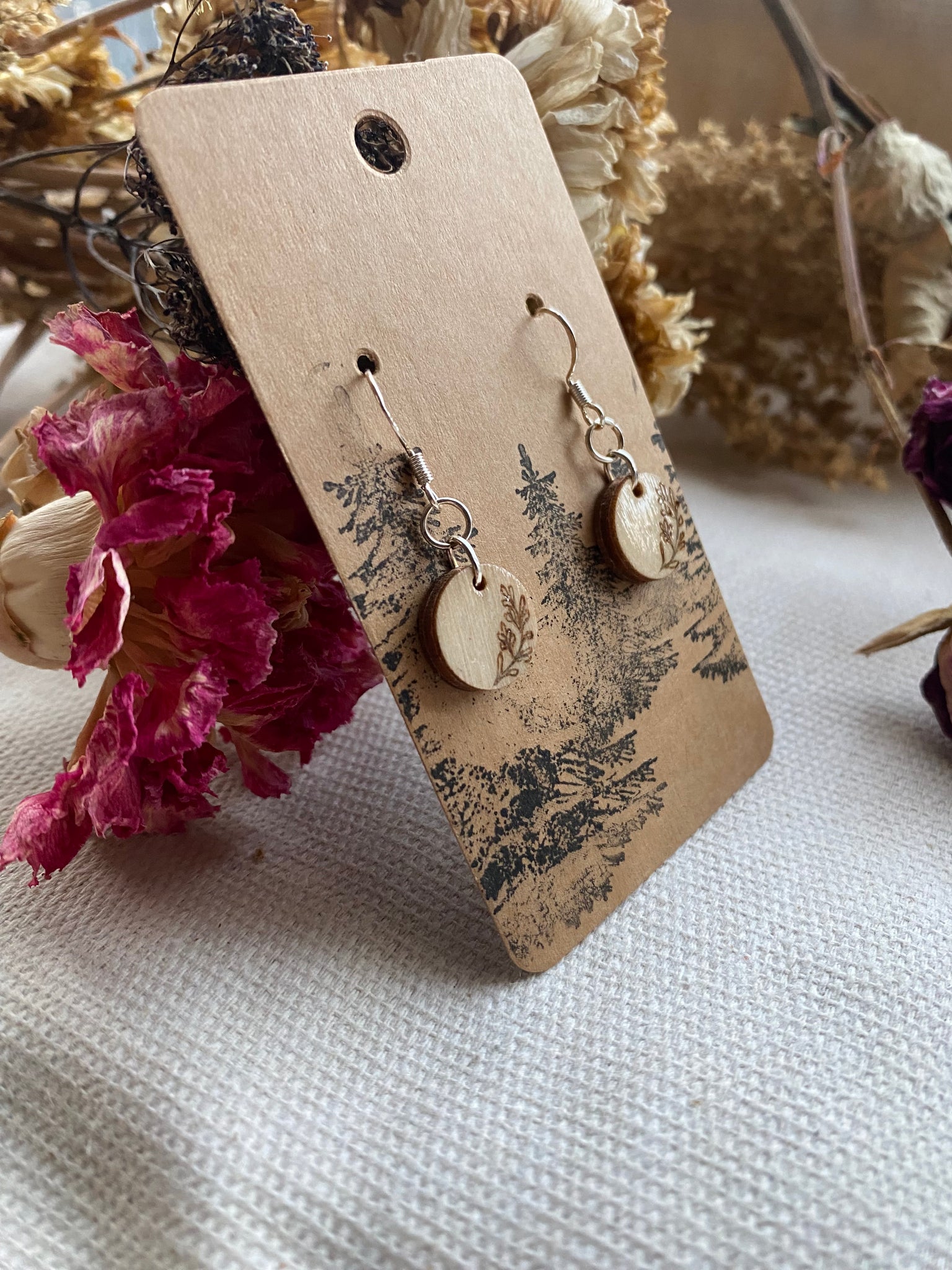 Handcrafted Woodburned Floral Earrings – Small Circle Nature Design