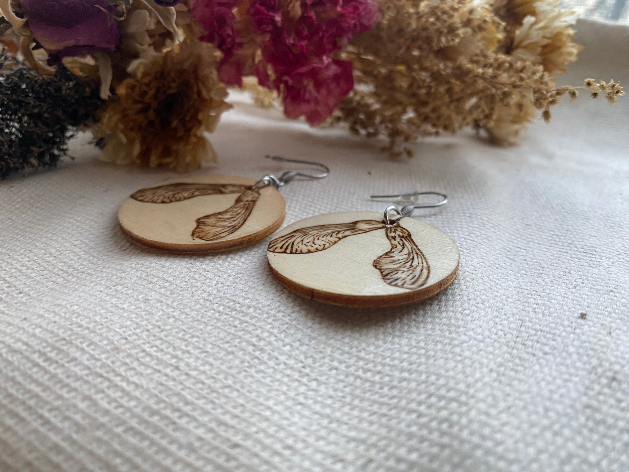 Handcrafted Woodburned Maple Seed Earrings – Large Circle Nature Design