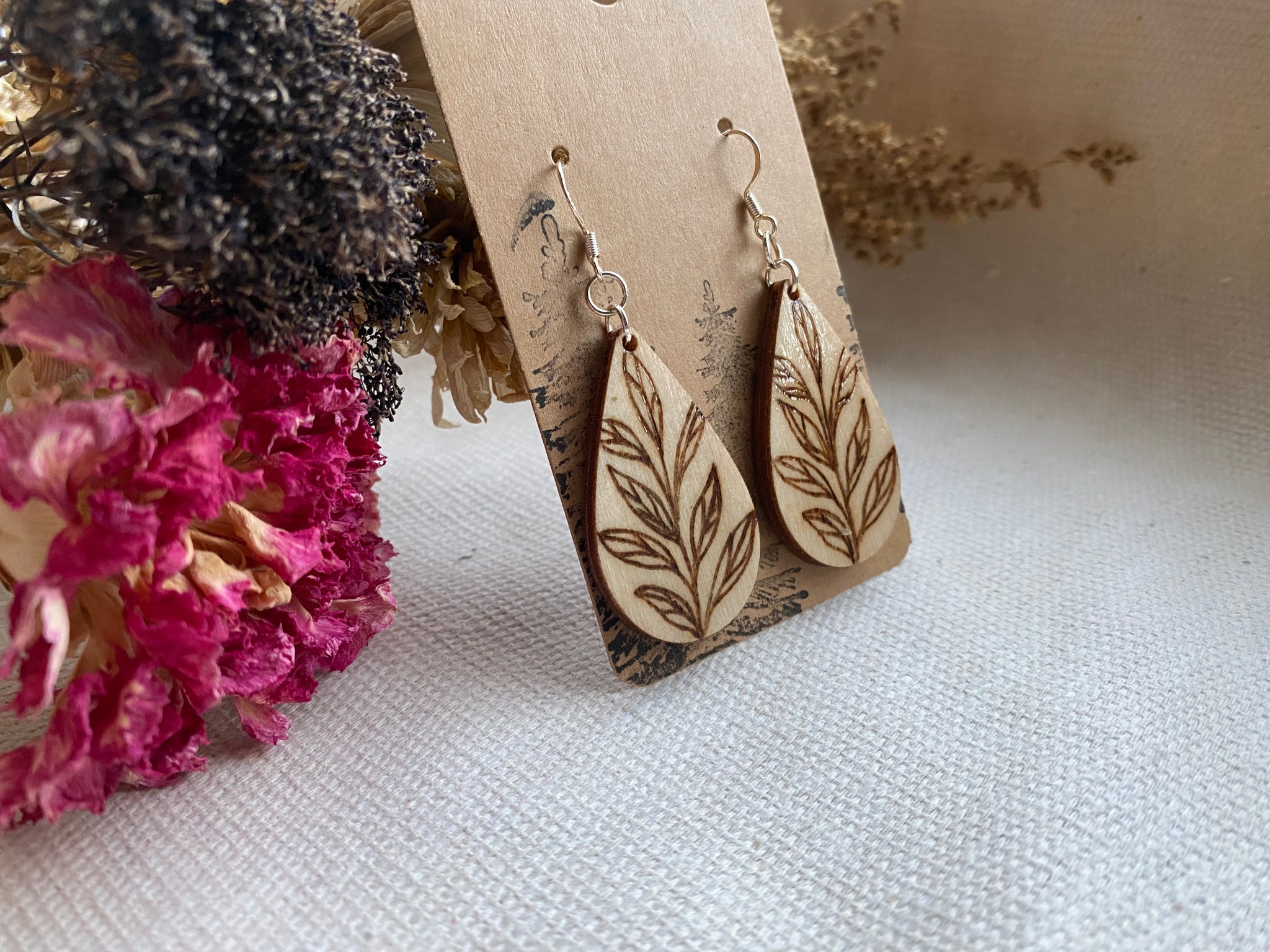 Handcrafted Woodburned Simple Vine Earrings – Teardrop Botanical Design