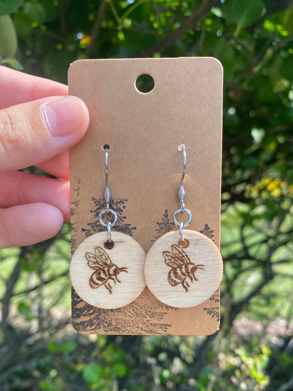 Handcrafted Woodburned Bumblebee Earrings – Circular Bee Design