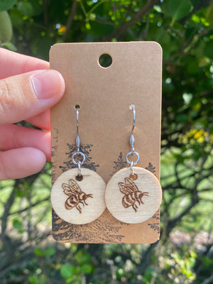 Handcrafted Woodburned Bumblebee Earrings – Circular Bee Design