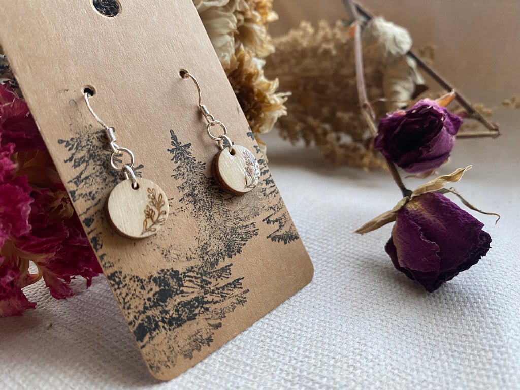 Handcrafted Woodburned Floral Earrings – Small Circle Nature Design