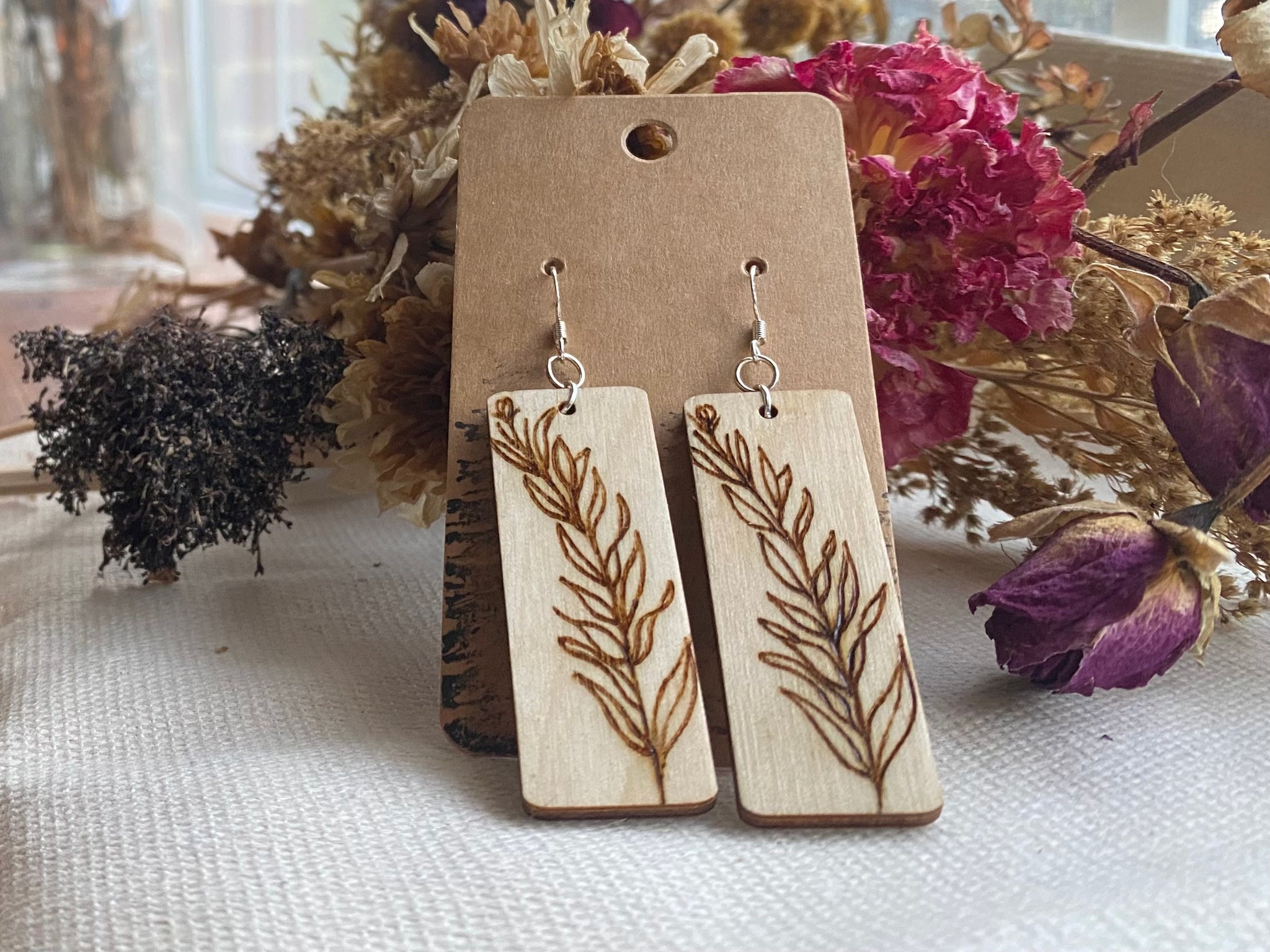 Handcrafted Woodburned Botanical Earrings – Long Rectangle Nature Design