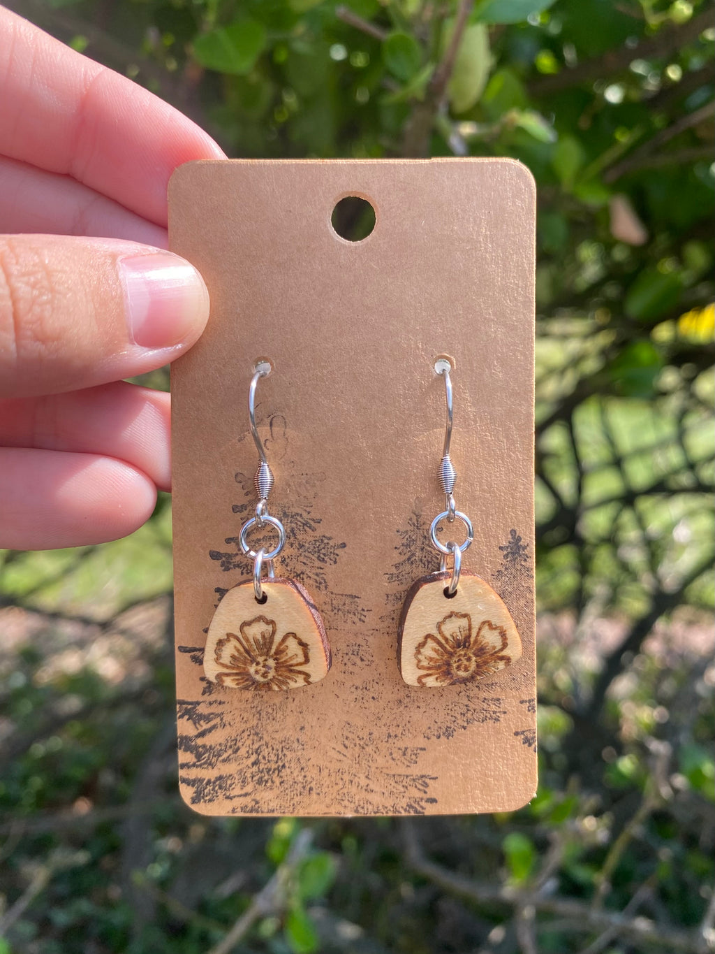 Handcrafted Woodburned Earrings – Petite Floral Botanical Design