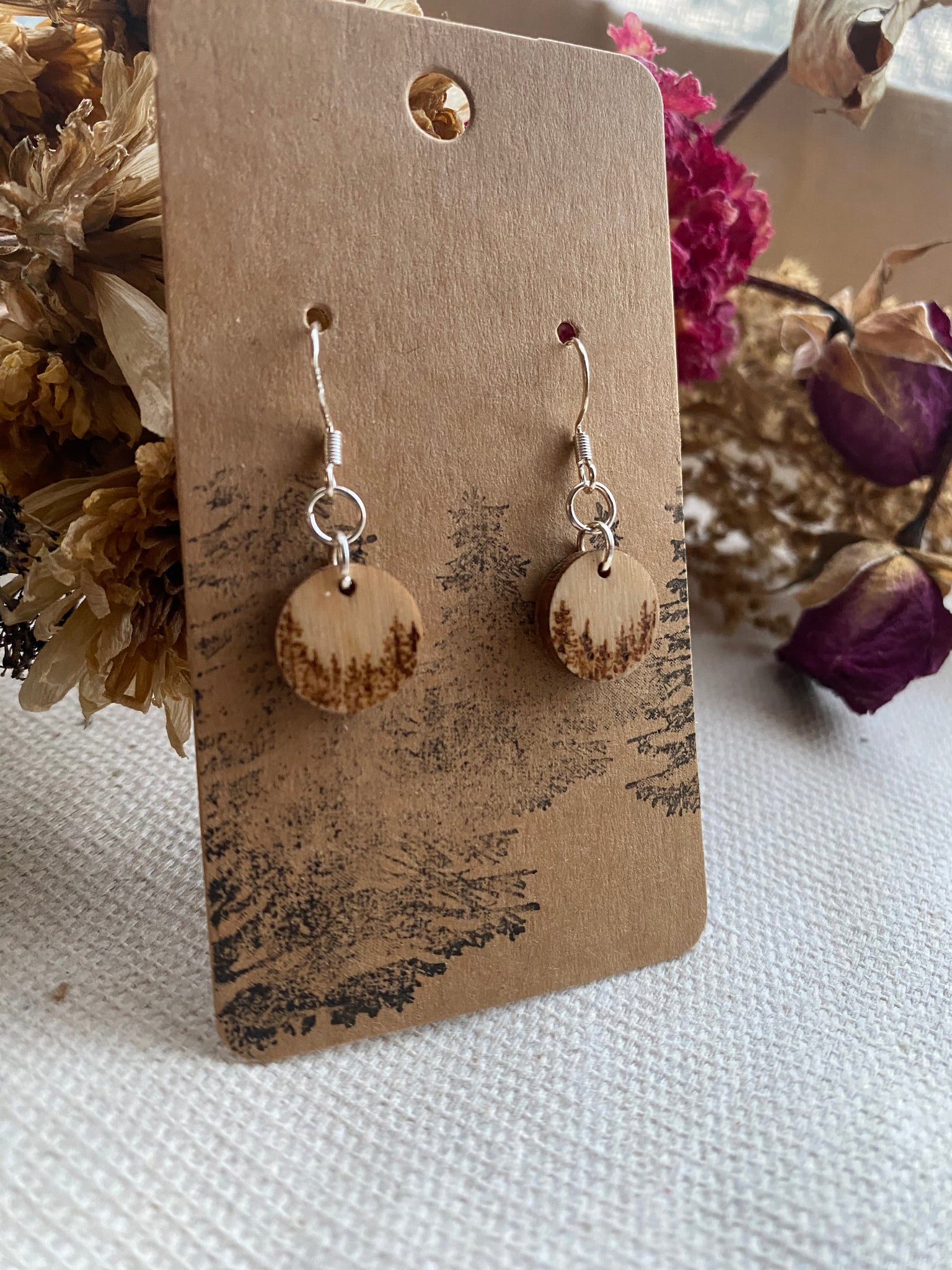 Handcrafted Woodburned Pine Tree Forrest Earrings – Small Circle Nature Design