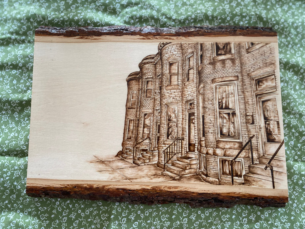 Rowhome Scene-Handmade Woodburned Wall Art - Rustic Live Edge Wood Slice with Baltimore Rowhome Scene