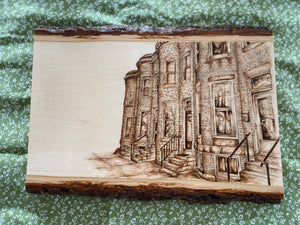 Rowhome Scene-Handmade Woodburned Wall Art - Rustic Live Edge Wood Slice with Baltimore Rowhome Scene