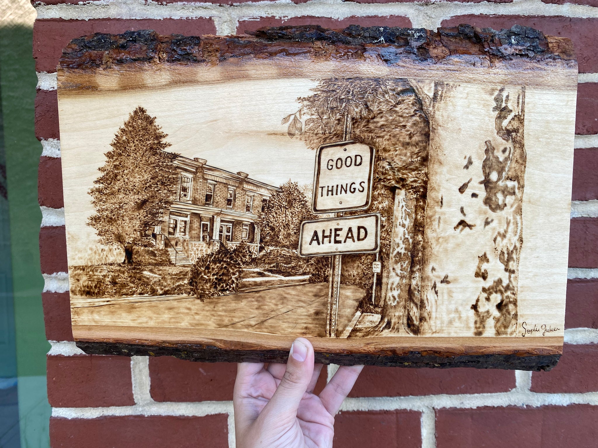Good Things Ahead - Handmade Woodburned Wall Art - Rustic Live Edge Wood Slice with Baltimore Rowhome Scene