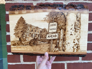 Good Things Ahead - Handmade Woodburned Wall Art - Rustic Live Edge Wood Slice with Baltimore Rowhome Scene