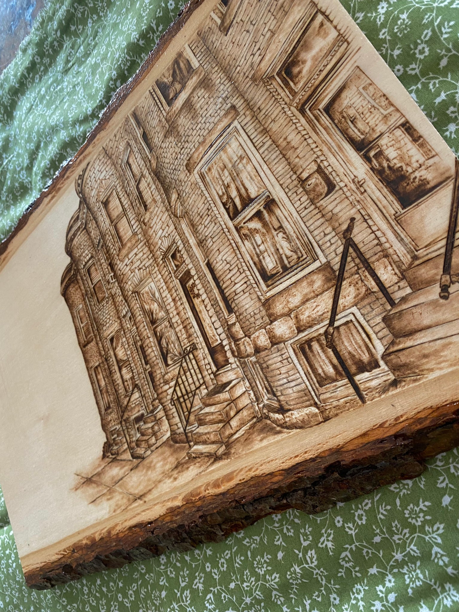 Rowhome Scene-Handmade Woodburned Wall Art - Rustic Live Edge Wood Slice with Baltimore Rowhome Scene