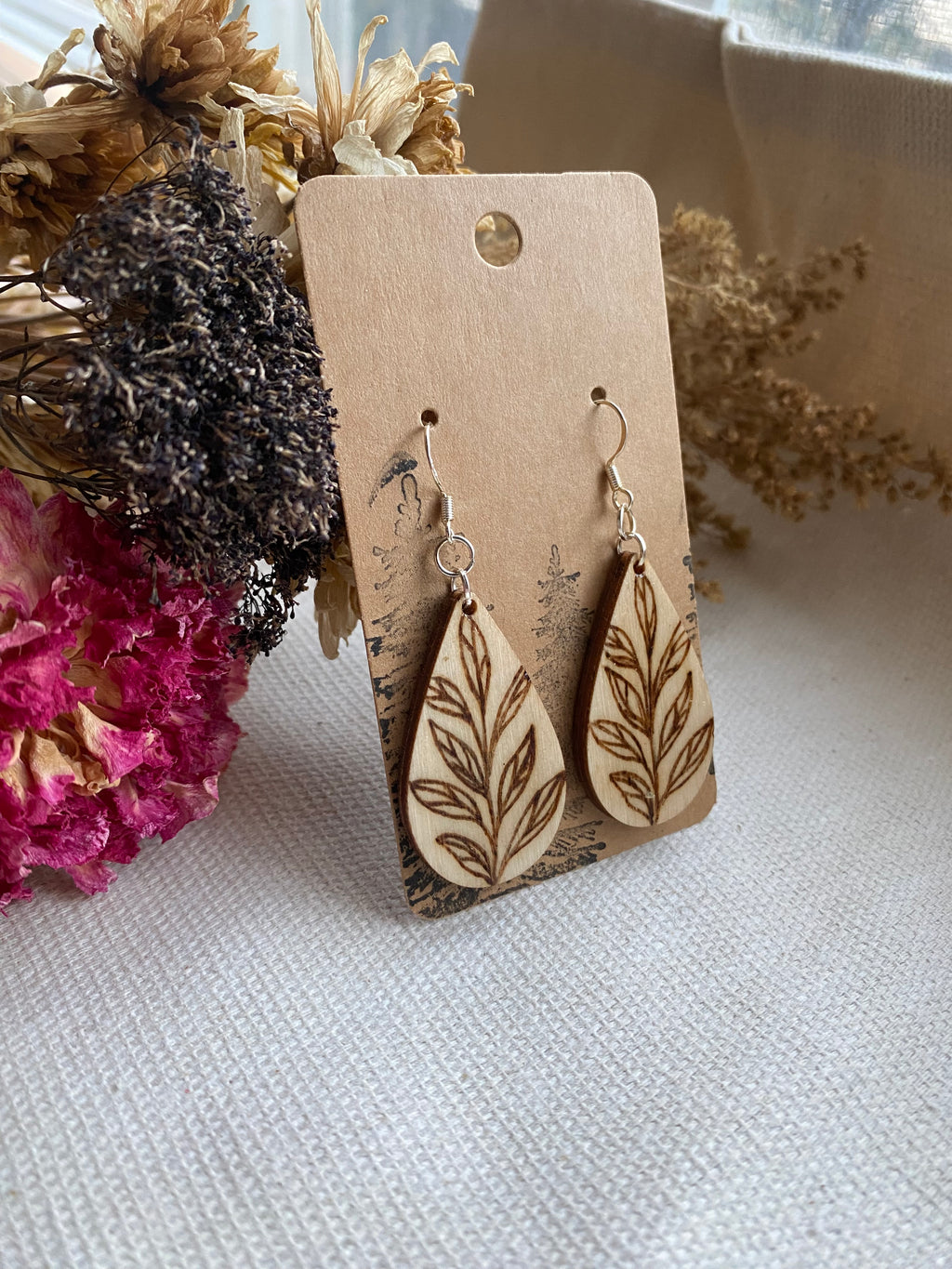 Handcrafted Woodburned Simple Vine Earrings – Teardrop Botanical Design