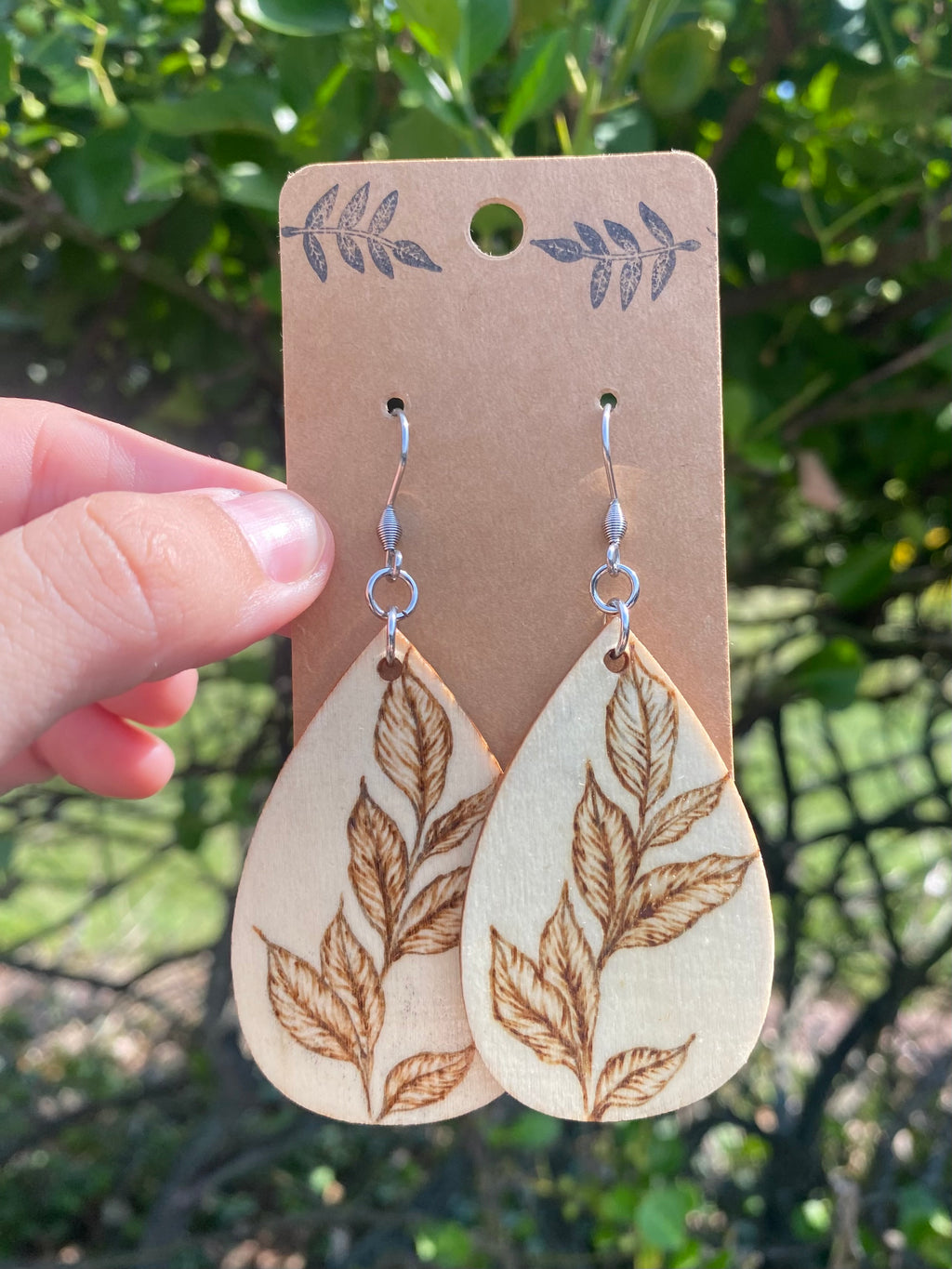 Handcrafted Woodburned Leaf Vine Earrings – Teardrop Botanical Design