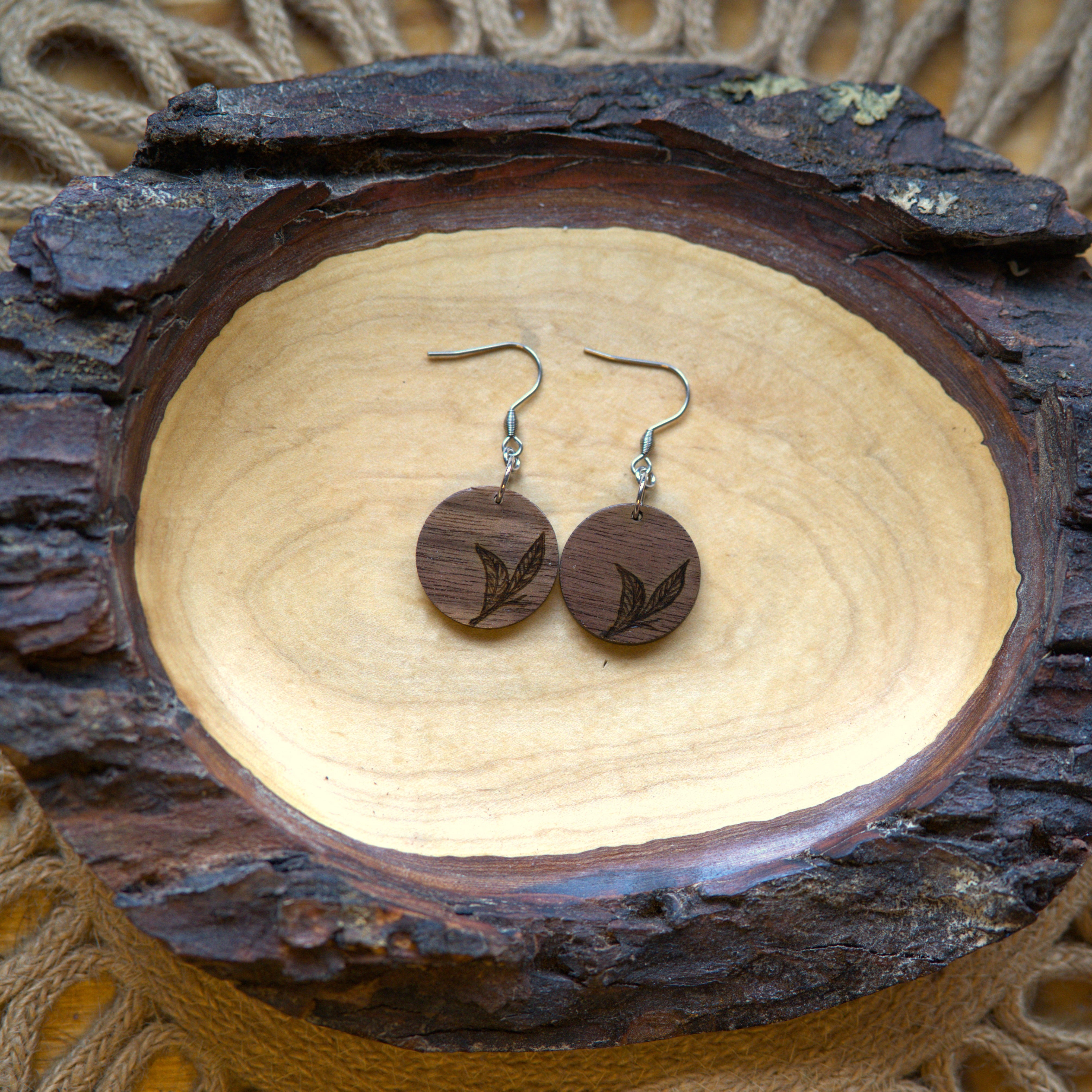 Dark Walnut Wood Leaf Woodburned Dangle Earrings