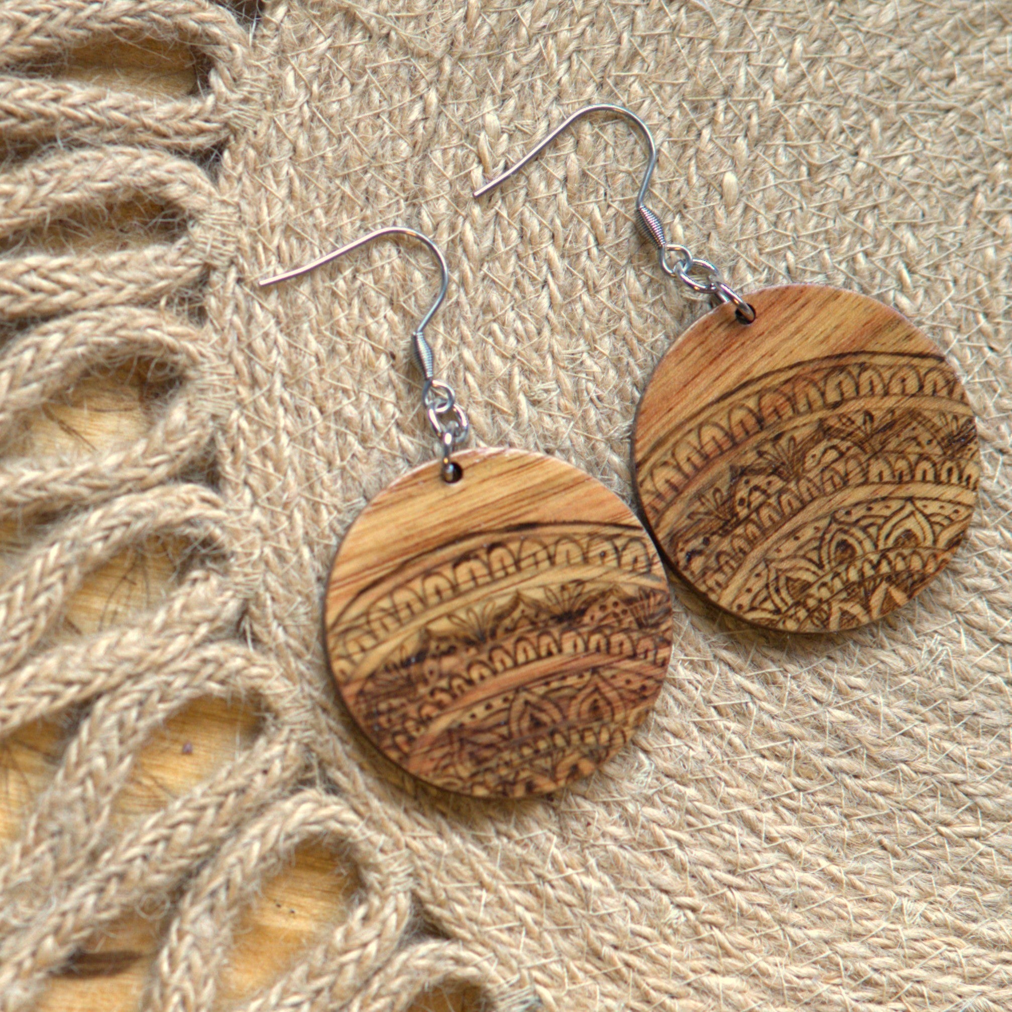 Mandala Woodburned Circular Dangle Earrings