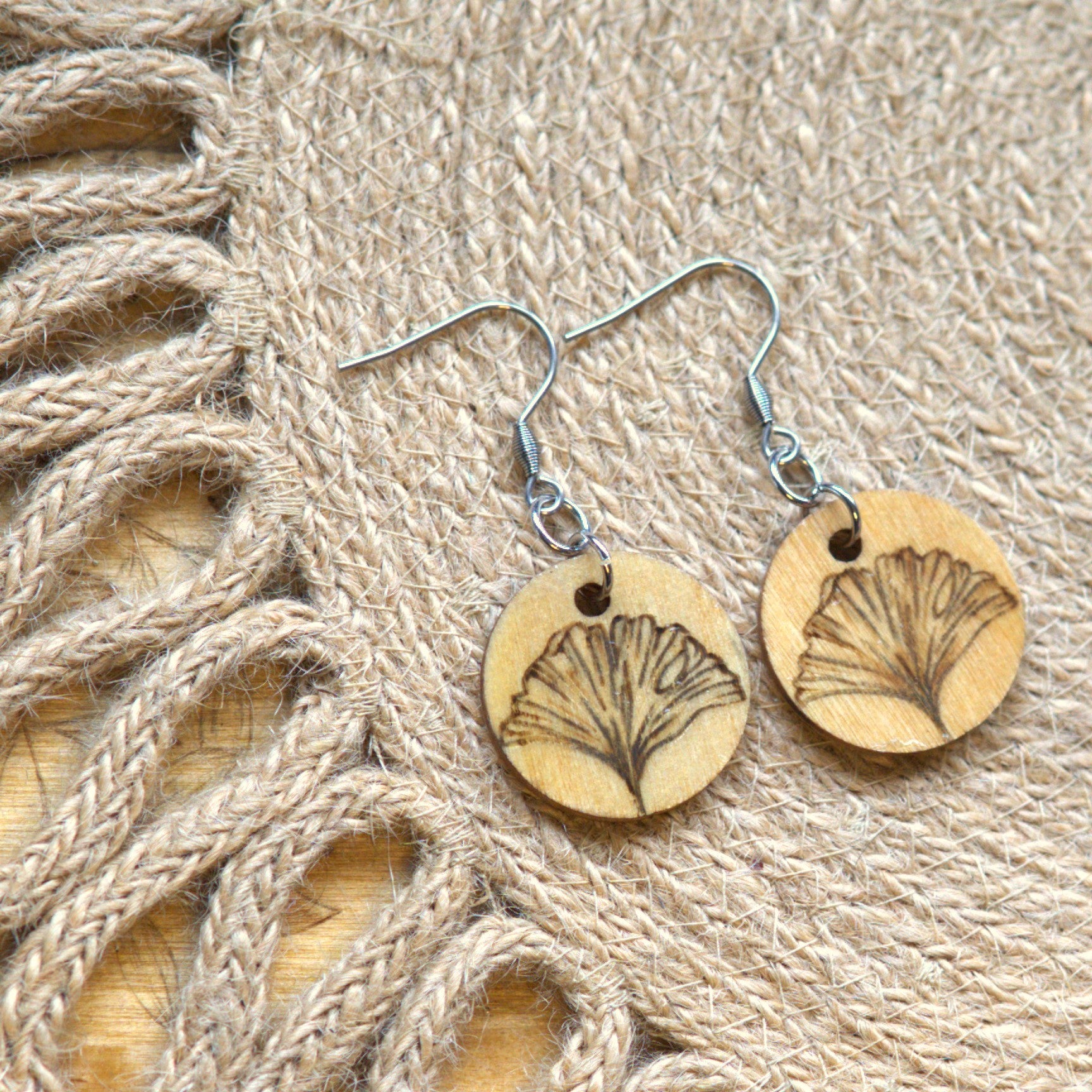 Small Circular Ginkgo Leaf Woodburned Dangle Earrings
