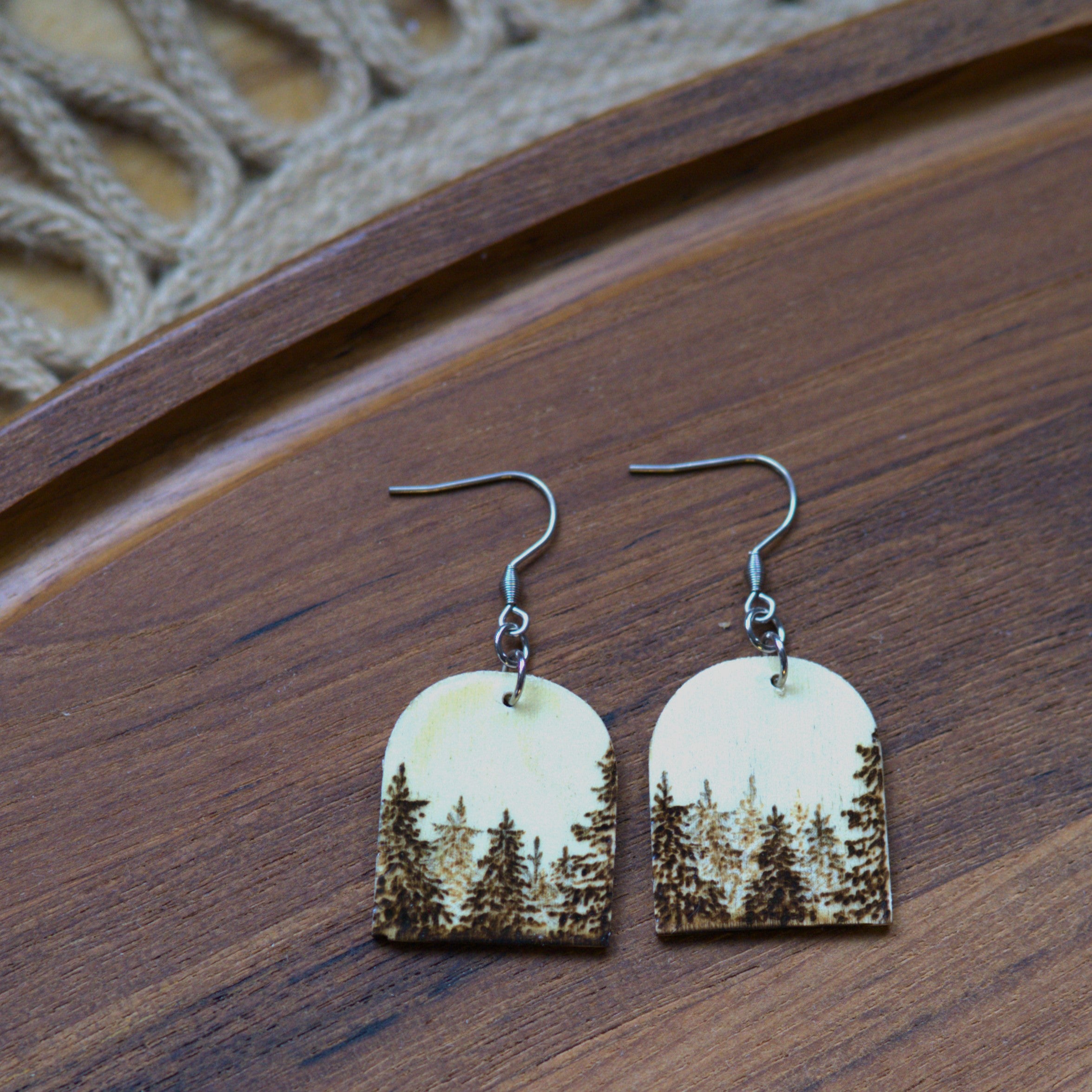 Woodburned Forrest Arc Dangle Earrings