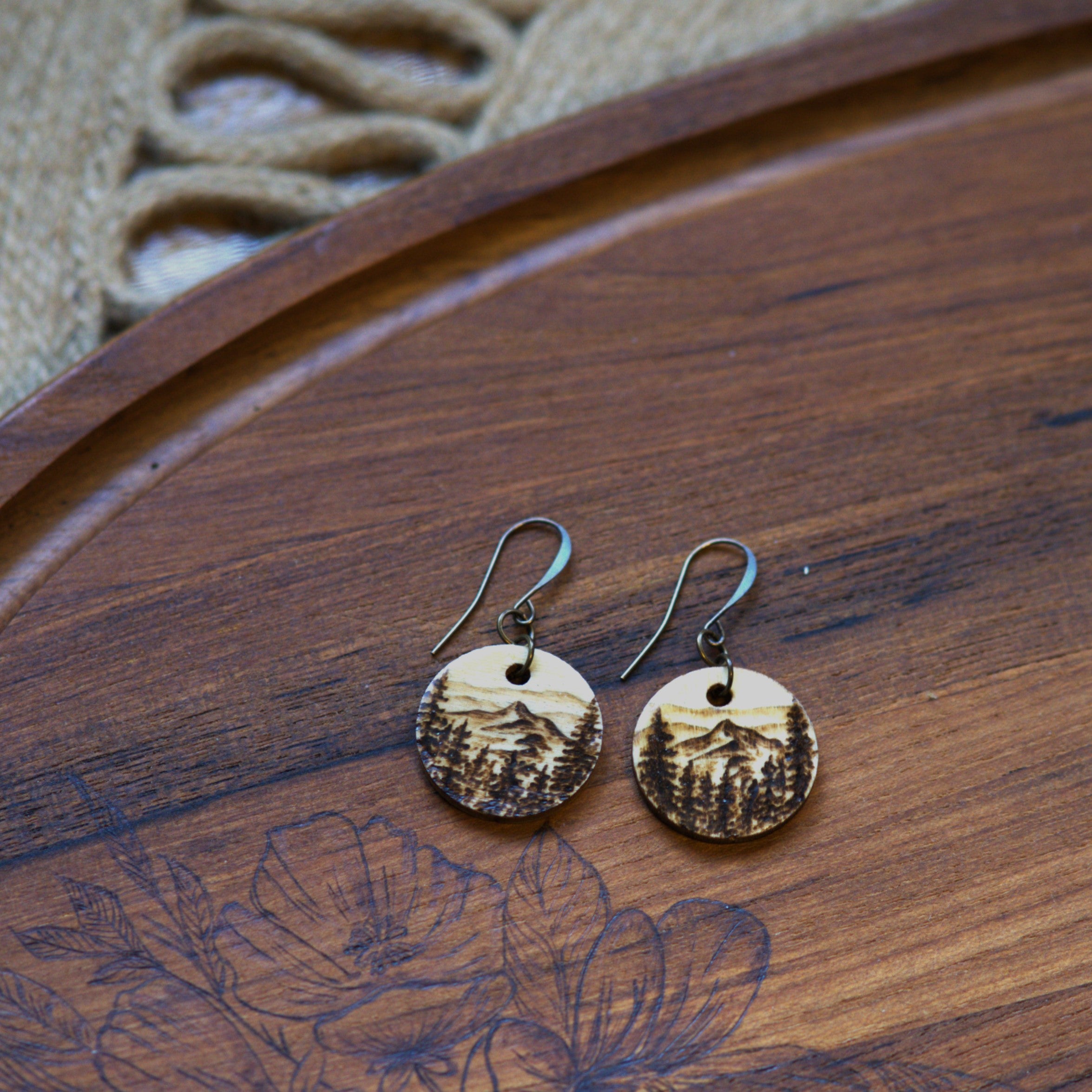Small Circular Mountain Woodburned Dangle Earrings