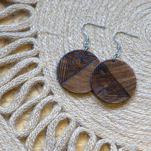 Large Wood Circular Patterned Woodburned Dangle Earrings