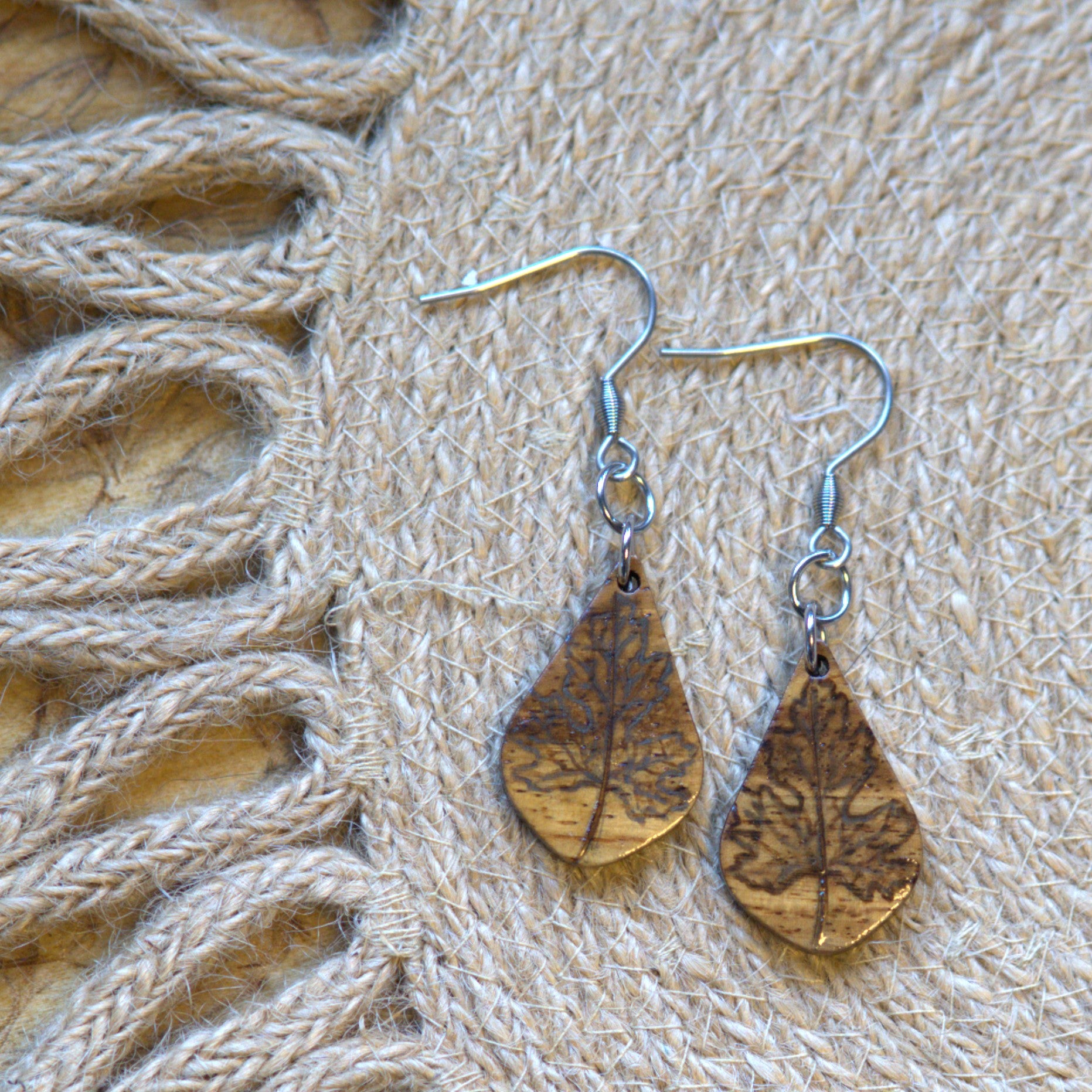 Small Teardrop Woodburned Leaf Dangle Earrings