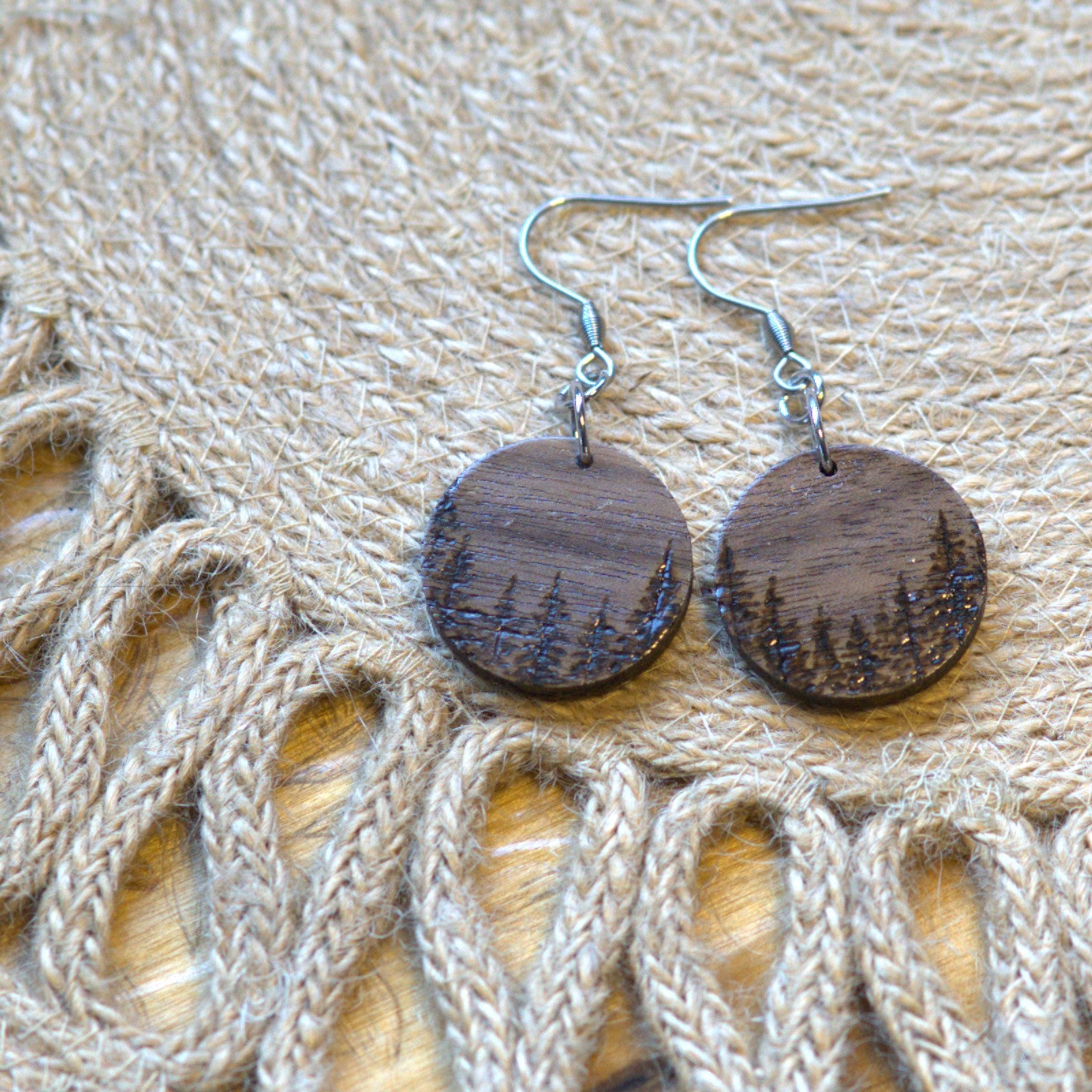 Dark Walnut Wood Small Circular Forrest Woodburned Dangle Earrings