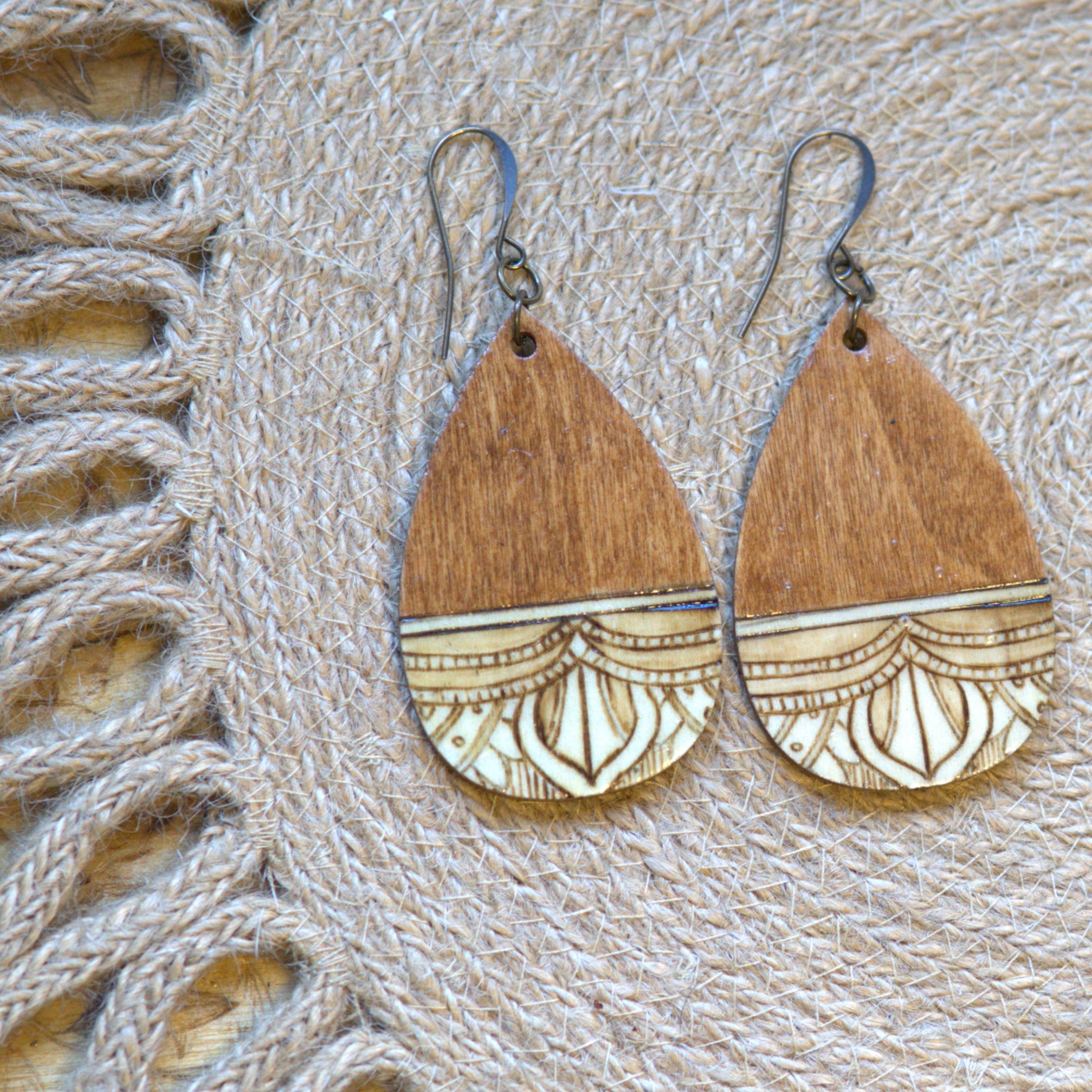 Teardrop Half Mandala Woodburned Dangle Earrings