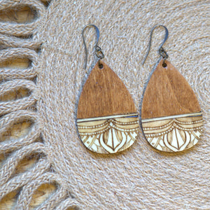 Teardrop Half Mandala Woodburned Dangle Earrings