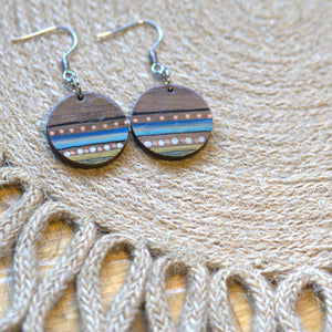 Small Circular Color Patterened Wood Dangle Earrings