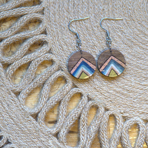 Small Circular Color Triangle Pattern Wood Dangle Earrings