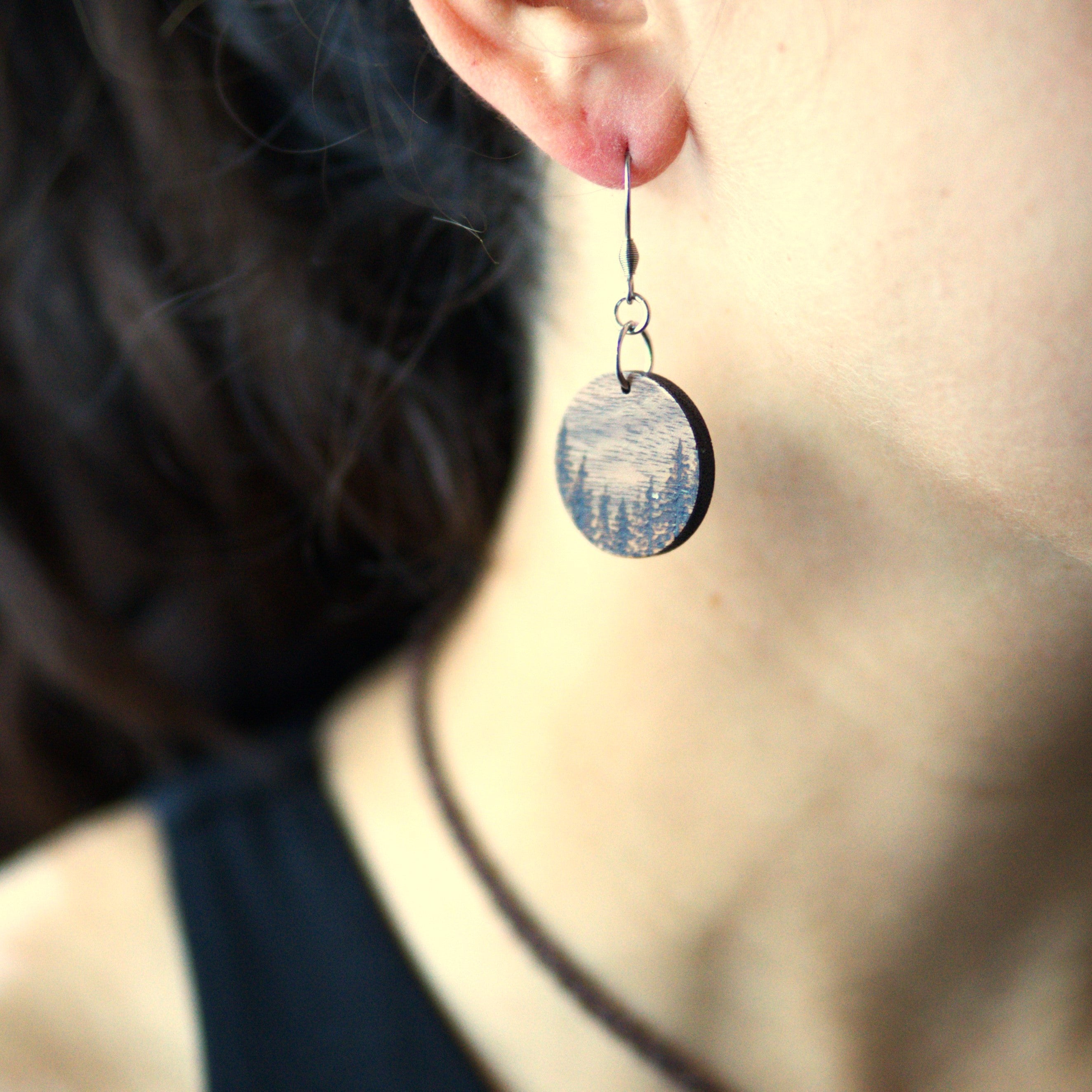 Dark Walnut Wood Small Circular Forrest Woodburned Dangle Earrings