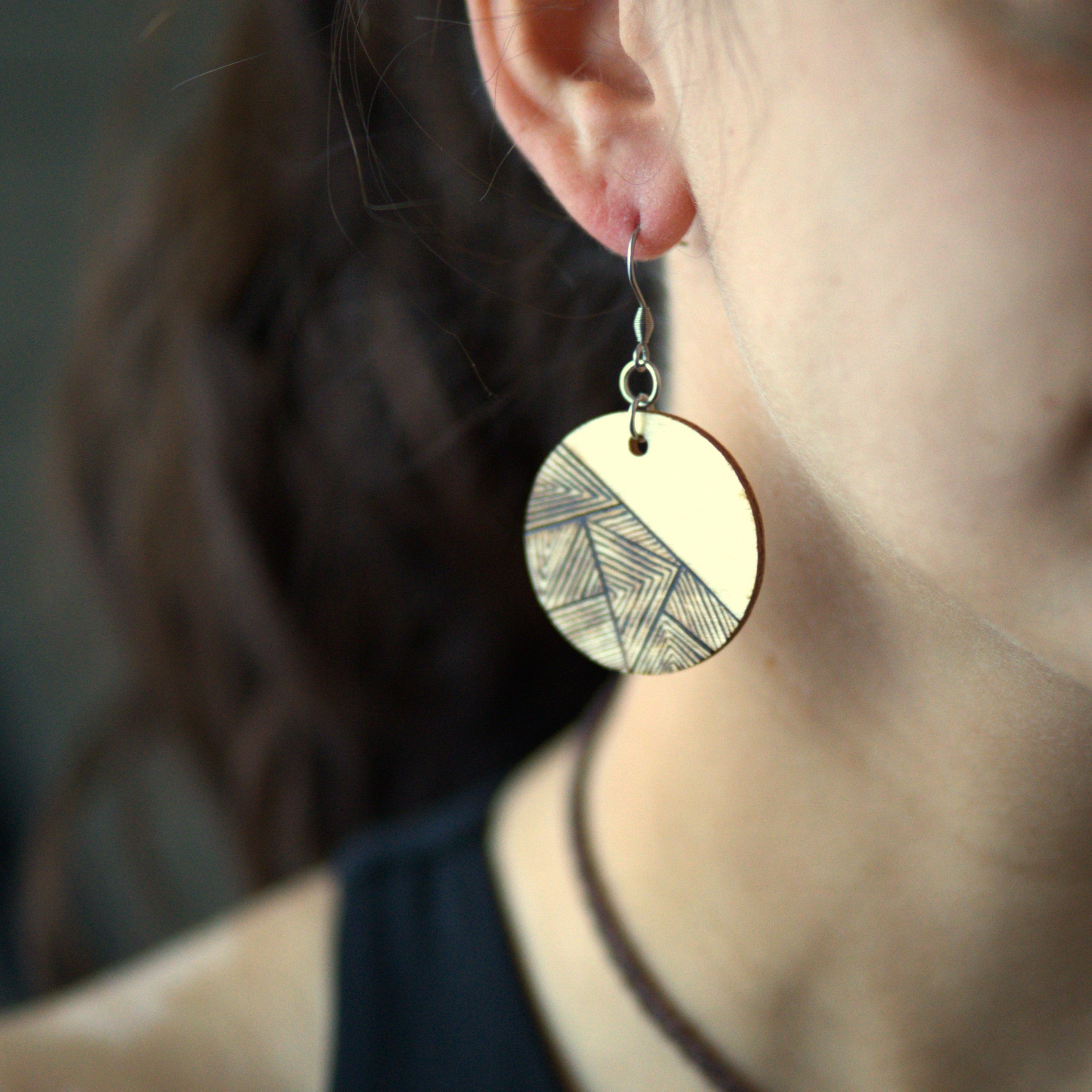 Large Circular Half Patterned Woodburned Dangle Earrings