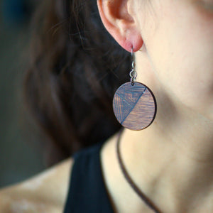 Large Wood Circular Patterned Woodburned Dangle Earrings
