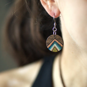Small Circular Color Triangle Pattern Wood Dangle Earrings