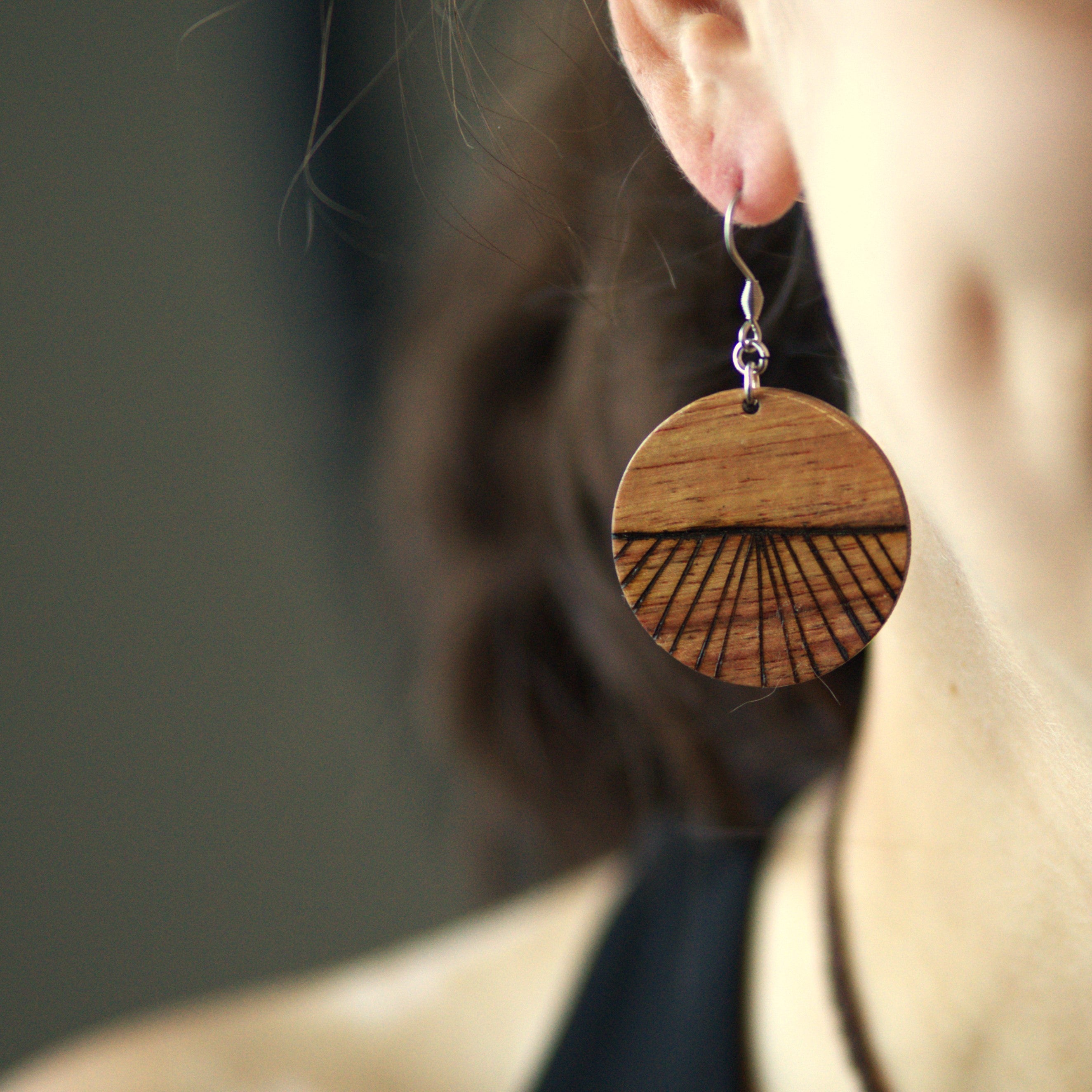 Large Wood Circular Linear Woodburned Dangle Earrings