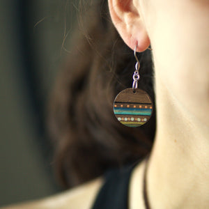 Small Circular Color Patterened Wood Dangle Earrings