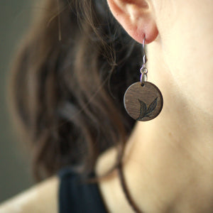 Dark Walnut Wood Leaf Woodburned Dangle Earrings