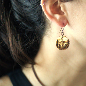 Small Circular Mountain Woodburned Dangle Earrings